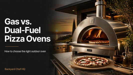 Stainless steel outdoor pizza oven on a patio at golden hour: gas vs dual-fuel pizza oven buying guide
