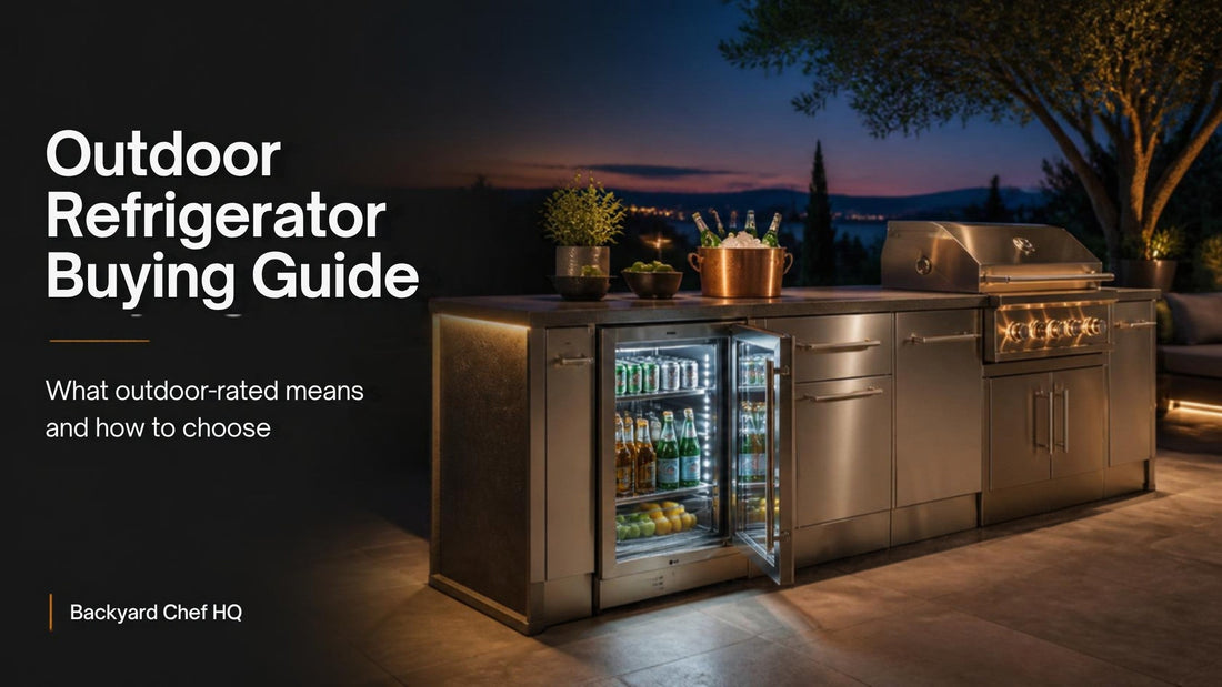 Stainless outdoor kitchen island with undercounter refrigerator at dusk: outdoor refrigerator buying guide