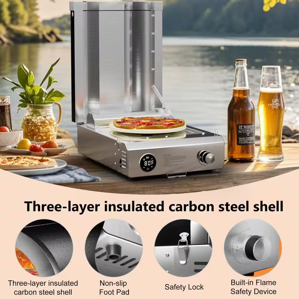 12 In. Propane Pizza Oven, Outdoor Pizza Oven in Black with Rotating Pizza Stone, Pizza Cutter and Glove