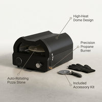 12 In. Propane Pizza Oven, Outdoor Pizza Oven in Black with Rotating Pizza Stone, Glove and Pizza Cutter — infographic