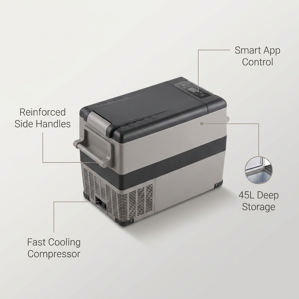 12V Refrigerator,1.6 Cu. Ft. Outdoor Refrigerator in Black, 48 Qt. (45L) Fast Cooling Portable Freezer with App Control — infographic