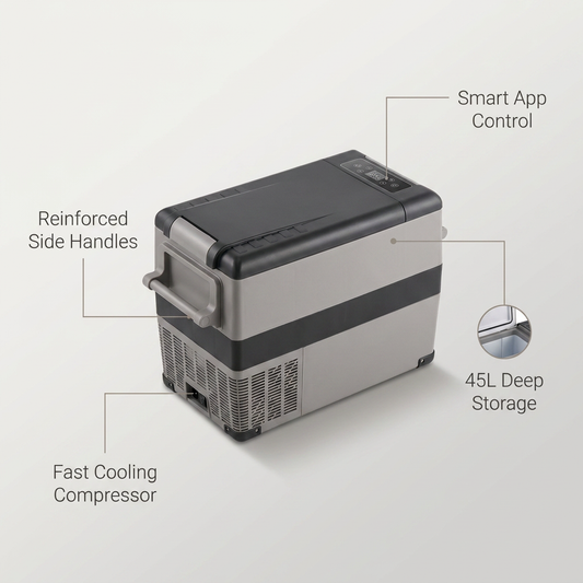12V Refrigerator,1.6 Cu. Ft. Outdoor Refrigerator in Black, 48 Qt. (45L) Fast Cooling Portable Freezer with App Control — infographic