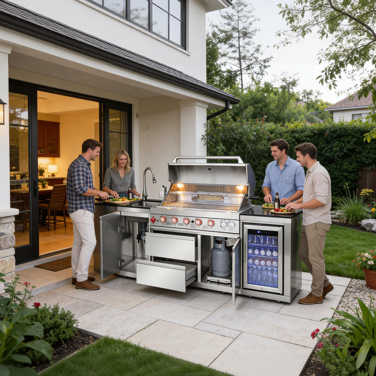 Outdoor Kitchen Island; 6-Burner Gas Grill, Beverage Center and Sink