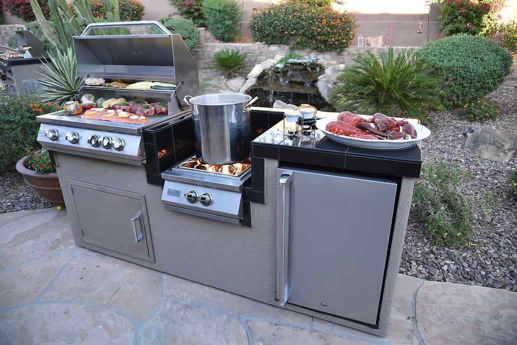 KoKoMo Grills 7'6" outdoor kitchen island with 4-burner grill, wok burner and refrigerator
