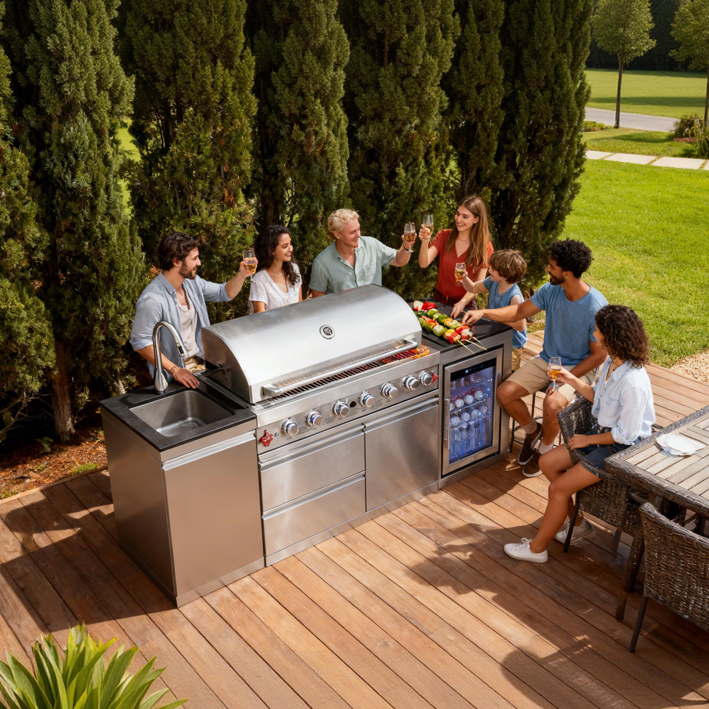 Outdoor Kitchen Island; 6-Burner Gas Grill, Beverage Center and Sink