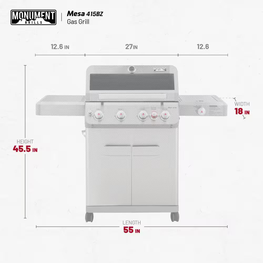Mesa 4-Burner Propane Gas Grill in Stainless Steel with Broil Zone, Clear View Lid, Side Burner and LED Controls