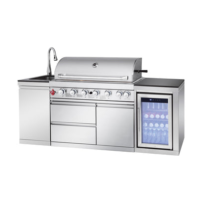 Outdoor Kitchen Island; 6-Burner Gas Grill, Beverage Center and Sink
