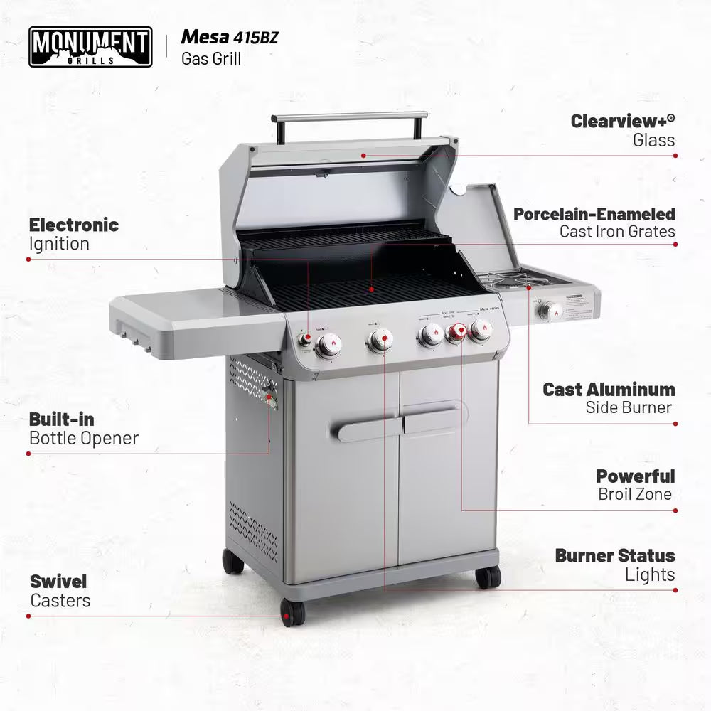 Mesa 4-Burner Propane Gas Grill in Stainless Steel with Broil Zone, Clear View Lid, Side Burner and LED Controls
