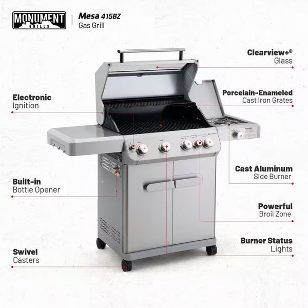 Mesa 4-Burner Propane Gas Grill in Stainless Steel with Broil Zone, Clear View Lid, Side Burner and LED Controls