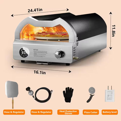 12 In. Propane Pizza Oven, Outdoor Pizza Oven in Black with Rotating Pizza Stone, Pizza Cutter and Glove