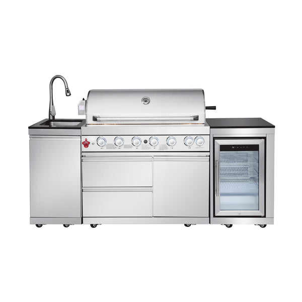 Outdoor Kitchen Island; 6-Burner Gas Grill, Beverage Center and Sink