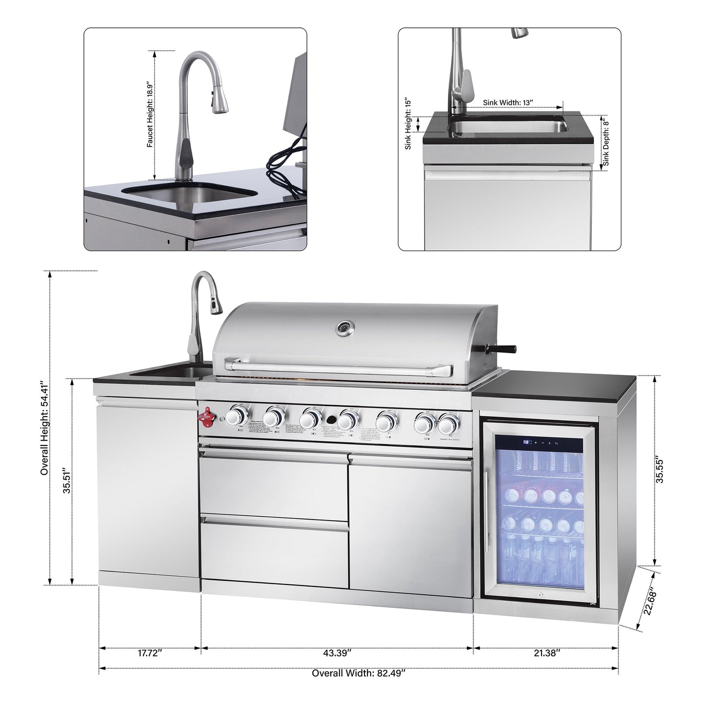 Outdoor Kitchen Island; 6-Burner Gas Grill, Beverage Center and Sink