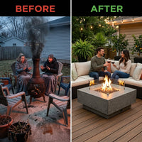 Manhattan Outdoor Fire Pit 36 In. X 36 In. Square Concrete Propane Fire Table with Lava Rocks and Cover — Before & After