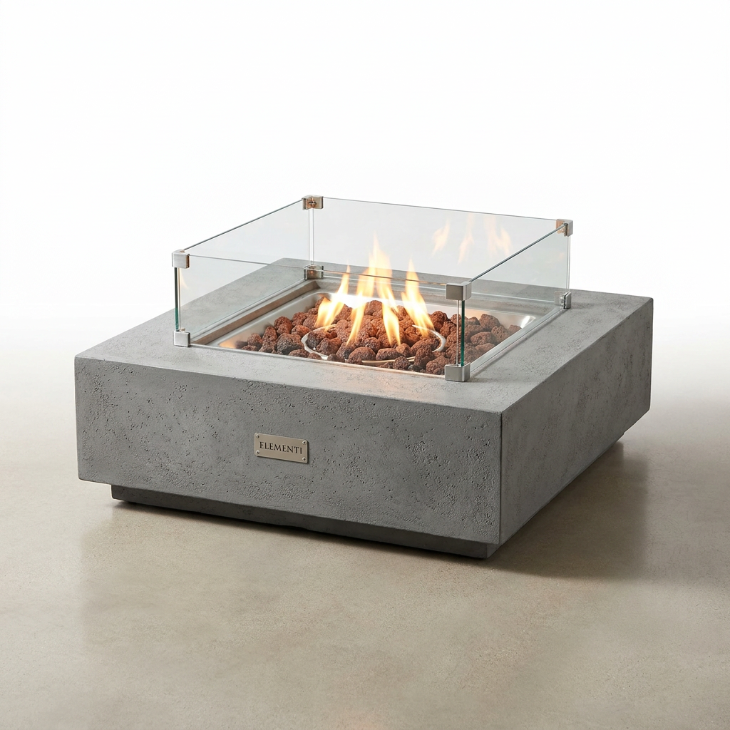 Manhattan Outdoor Fire Pit 36 In. X 36 In. Square Concrete Propane Fire Table with Lava Rocks and Cover — Studio Shot