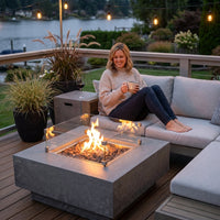 Manhattan Outdoor Fire Pit 36 In. X 36 In. Square Concrete Propane Fire Table with Lava Rocks and Cover — Lifestyle
