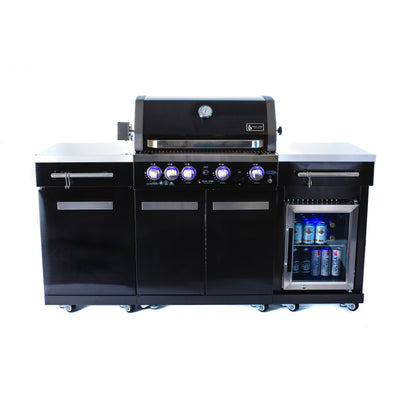 Outdoor Kitchen Island Built for Premium Backyard Cooking, 4-Burner BBQ Grill, Built-in Refrigerator, White Granite
