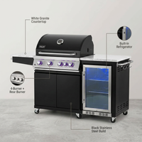 Outdoor Kitchen Island Built for Premium Backyard Cooking, 4-Burner BBQ Grill, Built-in Refrigerator, White Granite — infographic