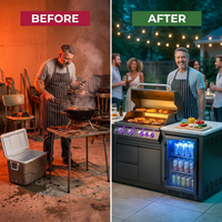 Premium 70" Black Stainless Steel Outdoor Kitchen Island with Refrigerator + 32"W 4-Burner BBQ Grill with Rear Burner — Before & After