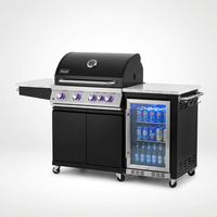 Premium 70" Black Stainless Steel Outdoor Kitchen Island with Refrigerator + 32"W 4-Burner BBQ Grill with Rear Burner — Studio Shot