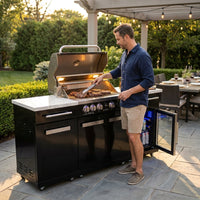 Premium 70" Black Stainless Steel Outdoor Kitchen Island with Refrigerator + 32"W 4-Burner BBQ Grill with Rear Burner — Lifestyle