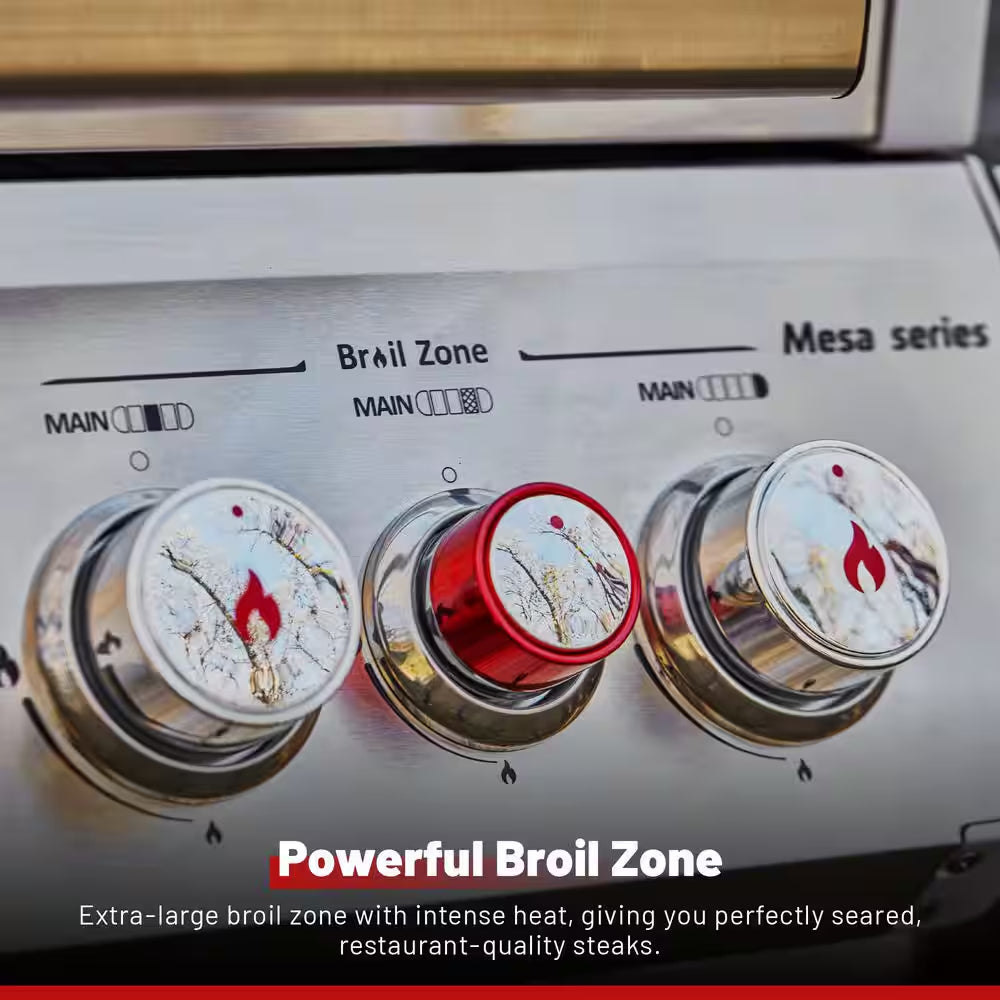 Mesa 4-Burner Propane Gas Grill in Stainless Steel with Broil Zone, Clear View Lid, Side Burner and LED Controls