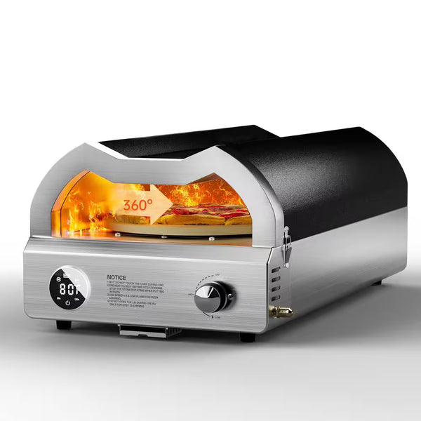 12 In. Propane Pizza Oven, Outdoor Pizza Oven in Black with Rotating Pizza Stone, Pizza Cutter and Glove