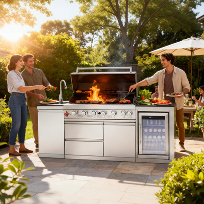 Outdoor Kitchen Island; 6-Burner Gas Grill, Beverage Center and Sink