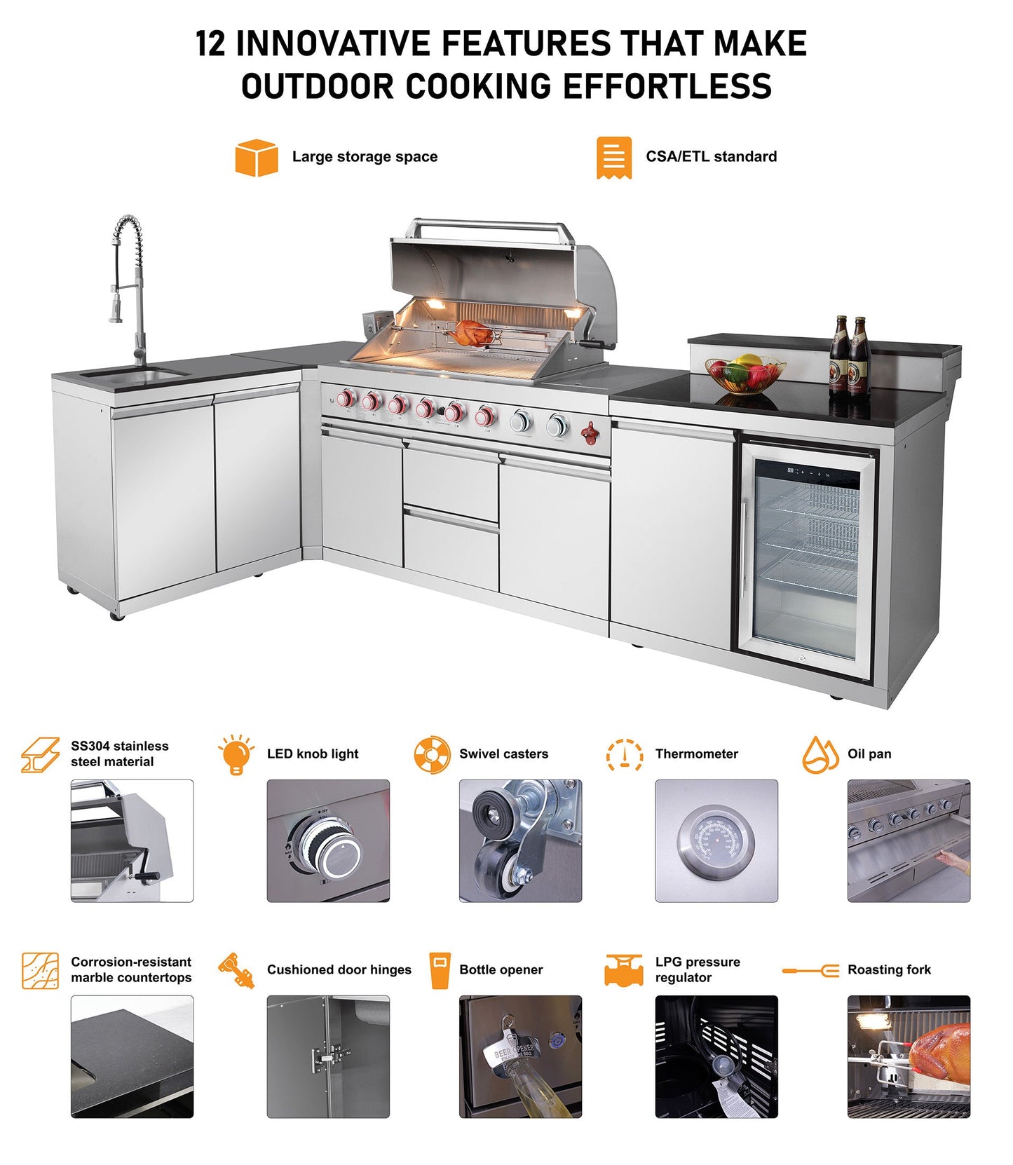 Outdoor Kitchen Island; 6-Burner Gas Grill, Beverage Center and Sink