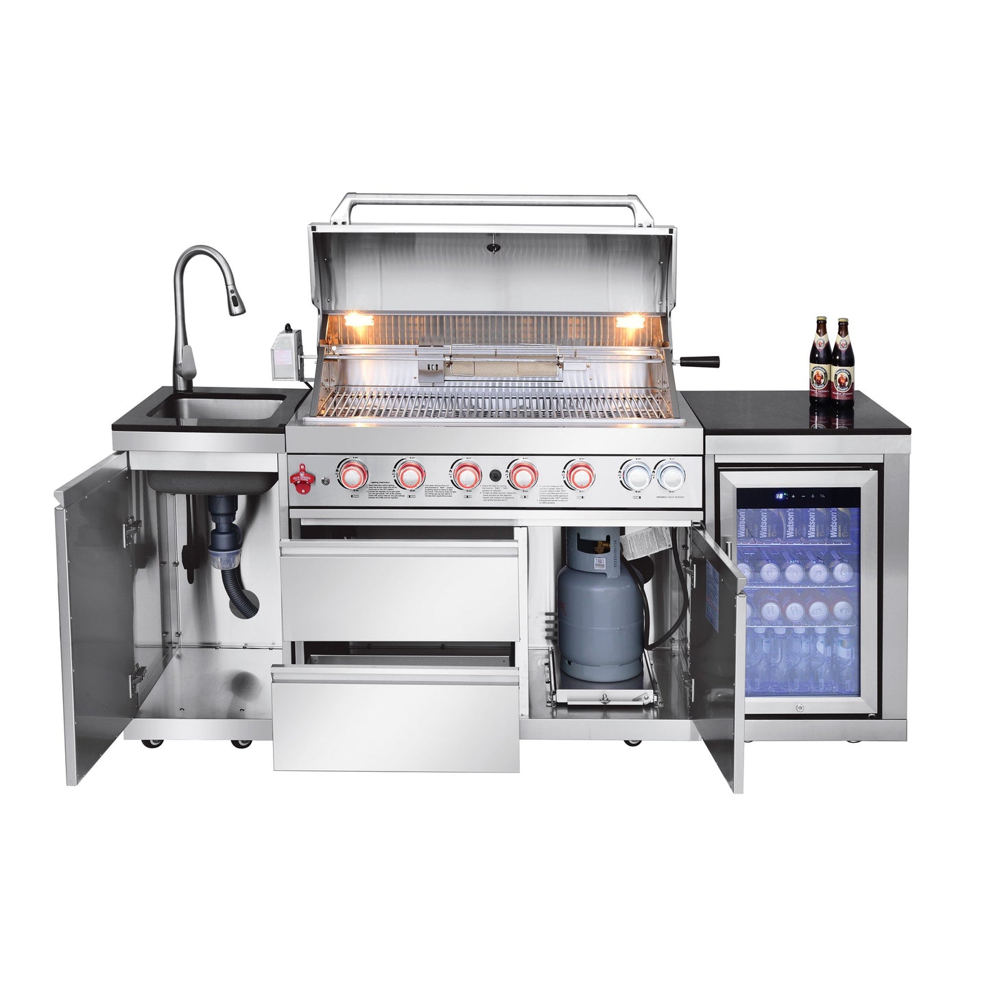 Outdoor Kitchen Island; 6-Burner Gas Grill, Beverage Center and Sink